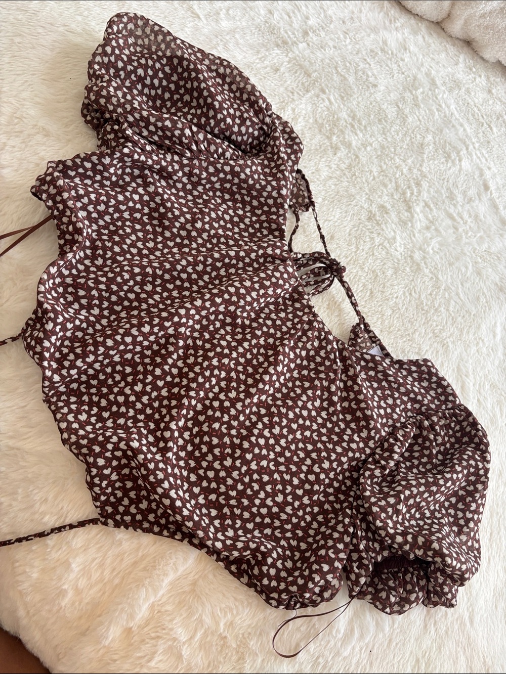 Brown Heart-Print Satin Chemise with Ruffle Hem